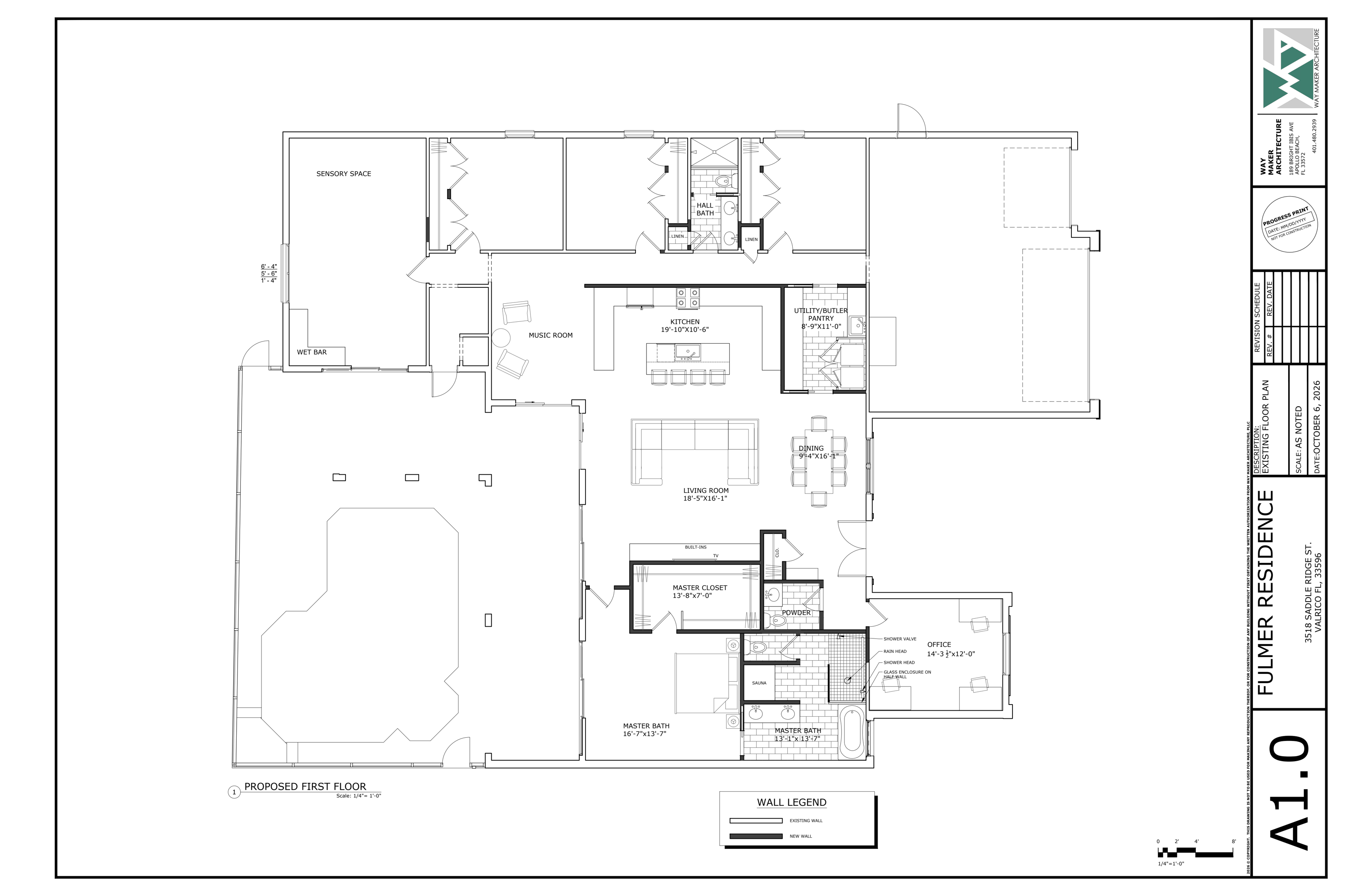 Fulmer Residence schematic first-floor plan dated October 6, 2026, showing the kitchen, living, dining, music room, office and pool patio