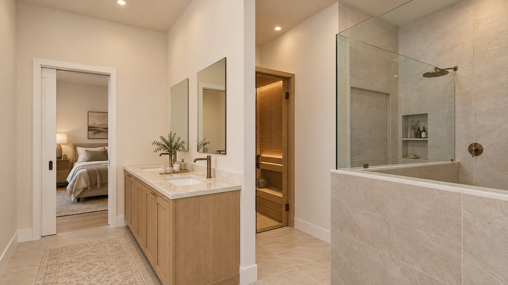 Photorealistic reverse bathroom view showing vanity wall, sauna entrance and shower glass