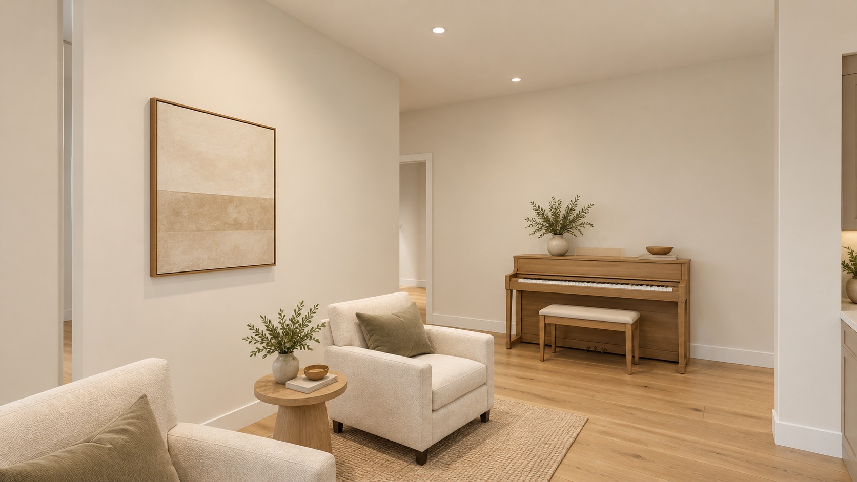 Music room with linen lounge chairs and an oak upright piano