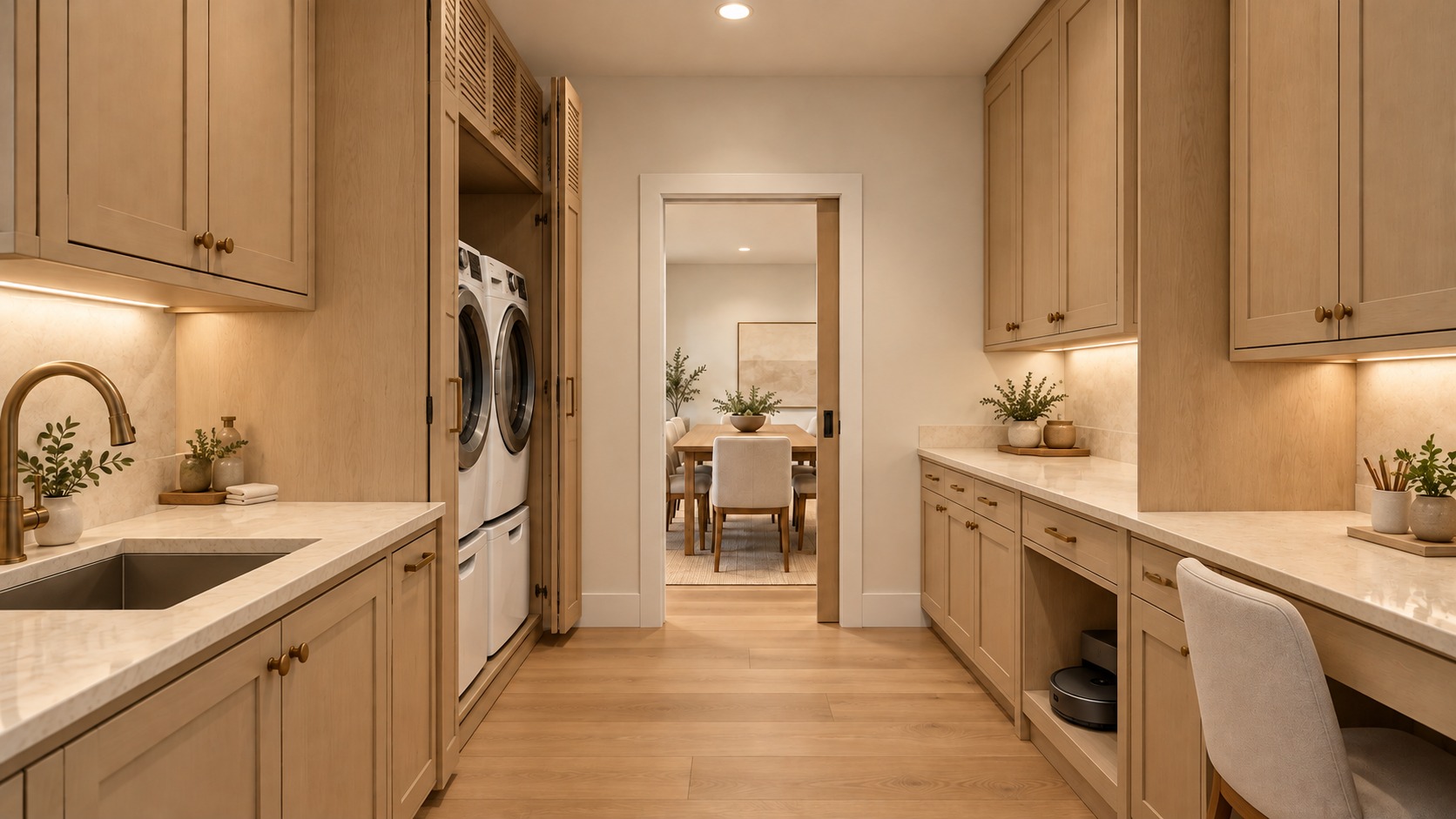 Butler pantry from the hallway, with the sink and laundry appliances on the left and dining doorway ahead